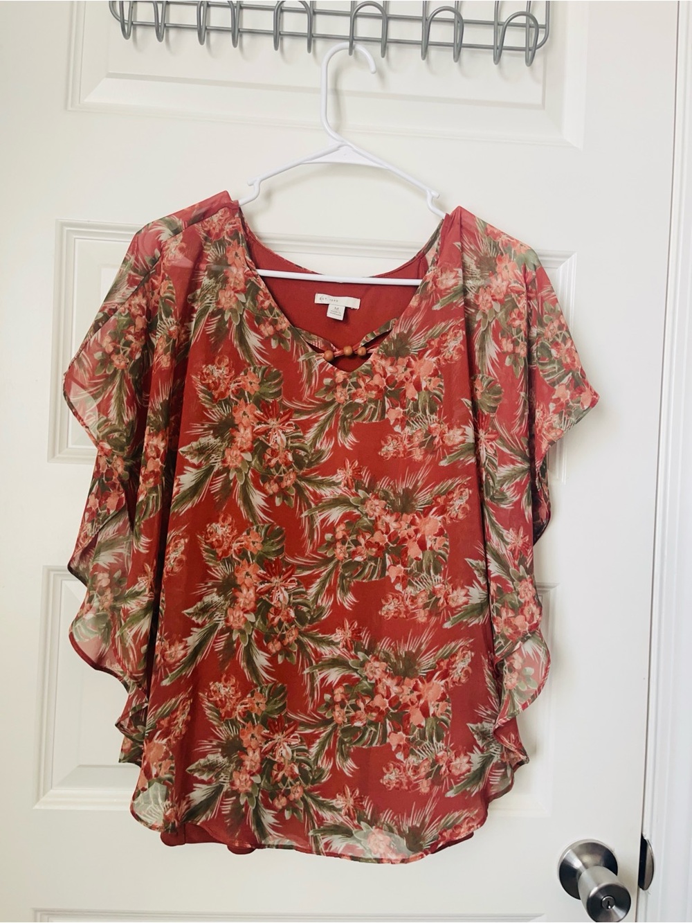 Cato Floral Flutter Sleeve Blouse - Rust and Green